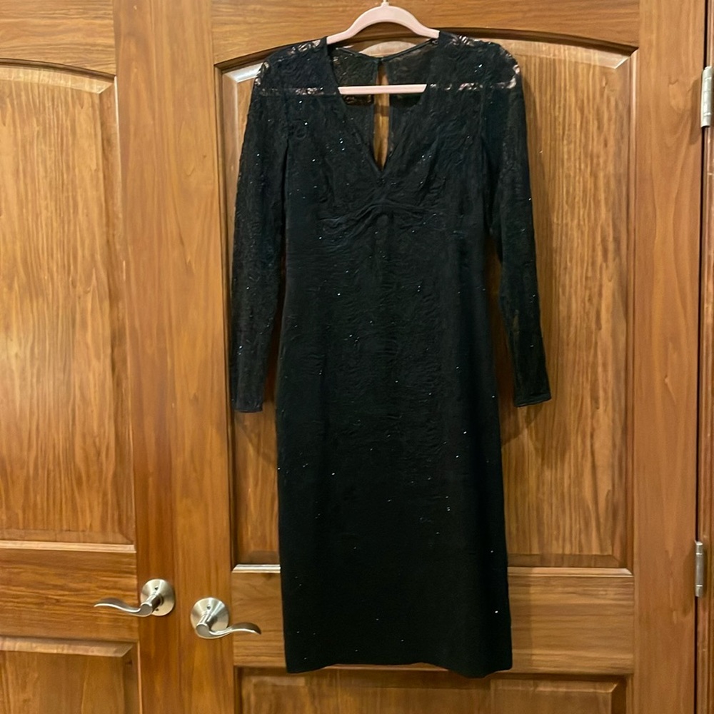 Vintage Talbots Evening Sequin Rhinestone Lace Black Midi Dress Size 4